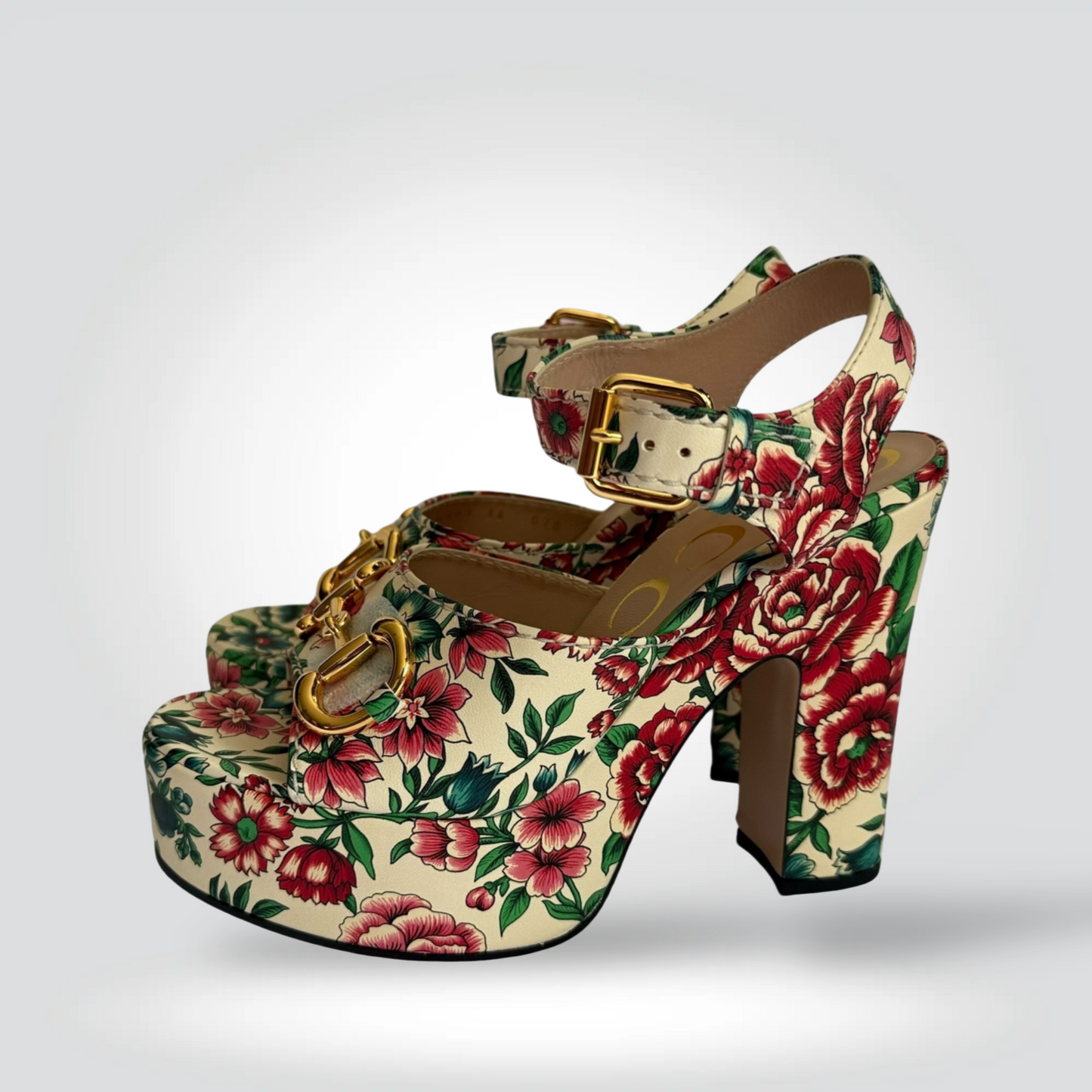 Pre-Owned Gucci Flora Cream Floral Brocade Horsebit Platform Sandal Ankle Strap Gold Hardware 4" — Size 36.5 — Pristine | Style Reissue Vancouver