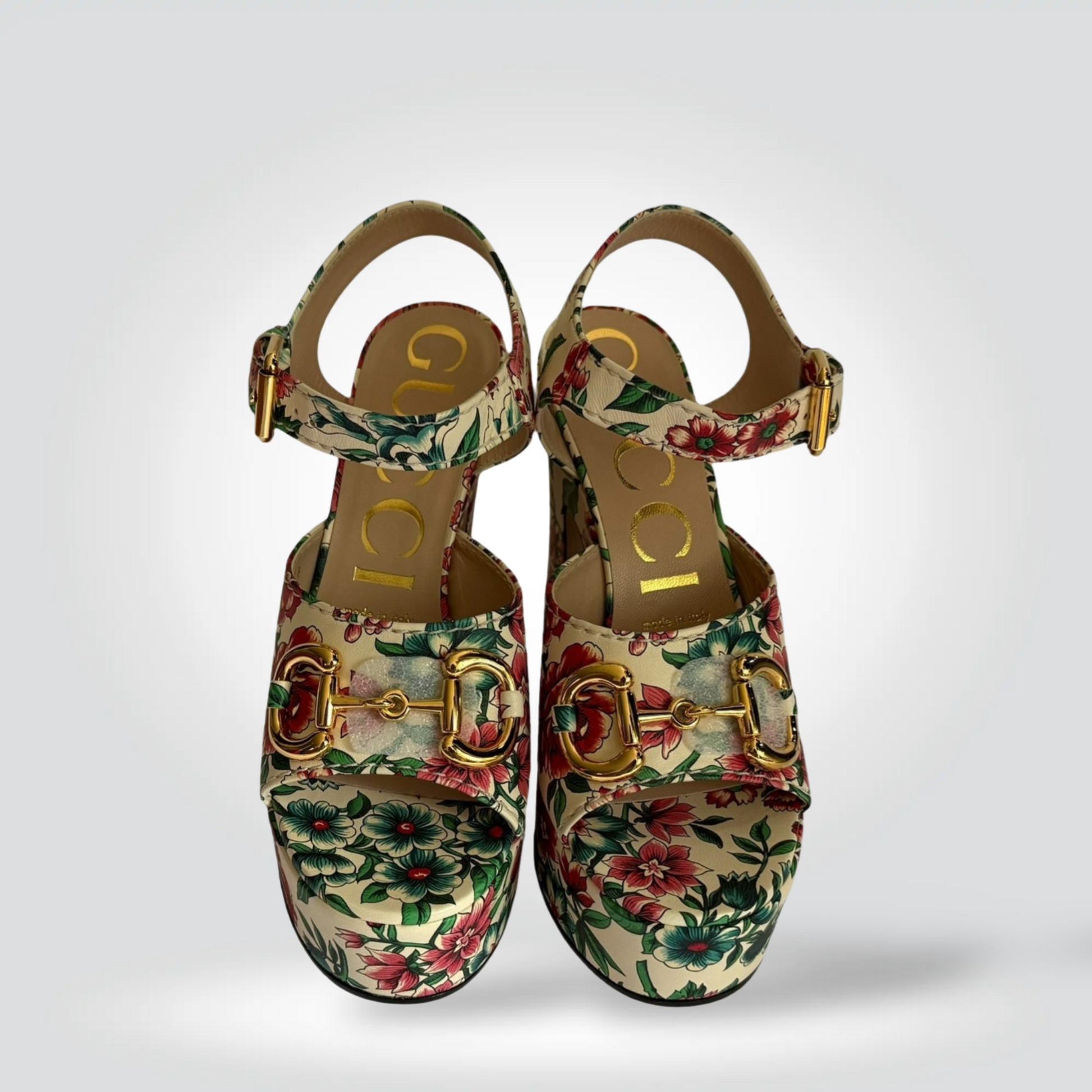 Pre-Owned Gucci Flora cream floral brocade Horsebit platform sandal ankle strap gold hardware 4 inch — Style Reissue Vancouver