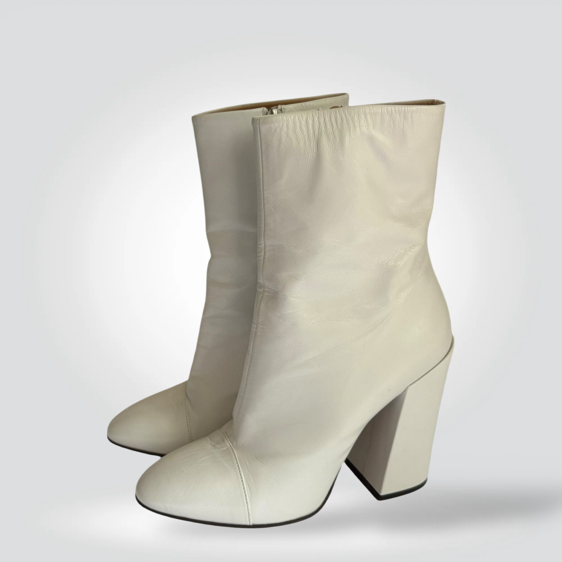 Pre-Owned Dries Van Noten cream ivory leather round toe block heel ankle boot zip — Style Reissue Vancouver