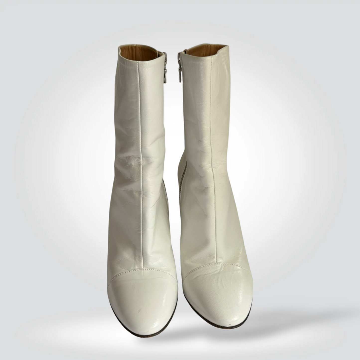 Pre-Owned Dries Van Noten Cream Ivory Leather Round Toe Block Heel Ankle Boot — Size 37 — Very Good | Style Reissue Vancouver