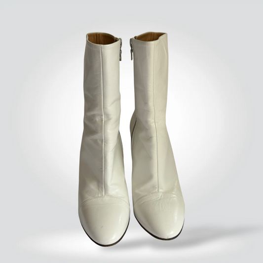 Pre-Owned Dries Van Noten Cream Ivory Leather Round Toe Block Heel Ankle Boot — Size 37 — Very Good | Style Reissue Vancouver
