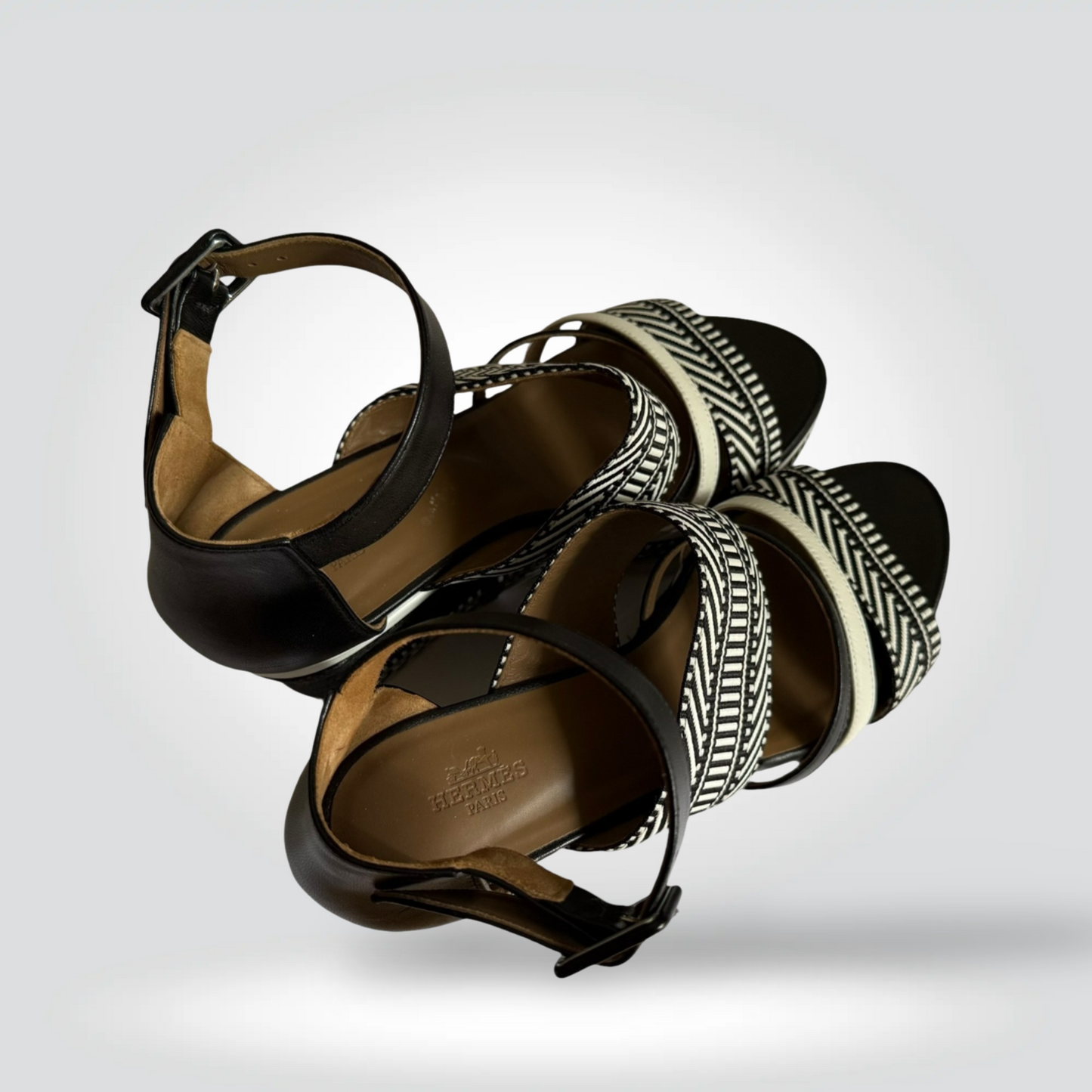 Pre-Owned Hermès Rome Black White Woven Chevron Stripe Wedge Espadrille Sandal Ankle Strap 3" — Size — Excellent| Style Reissue Vancouver