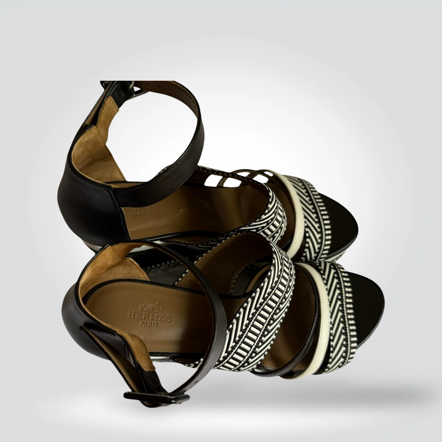 Pre-Owned Hermès Rome Black White Woven Chevron Stripe Wedge Espadrille Sandal Ankle Strap 3" — Size — Excellent| Style Reissue Vancouver