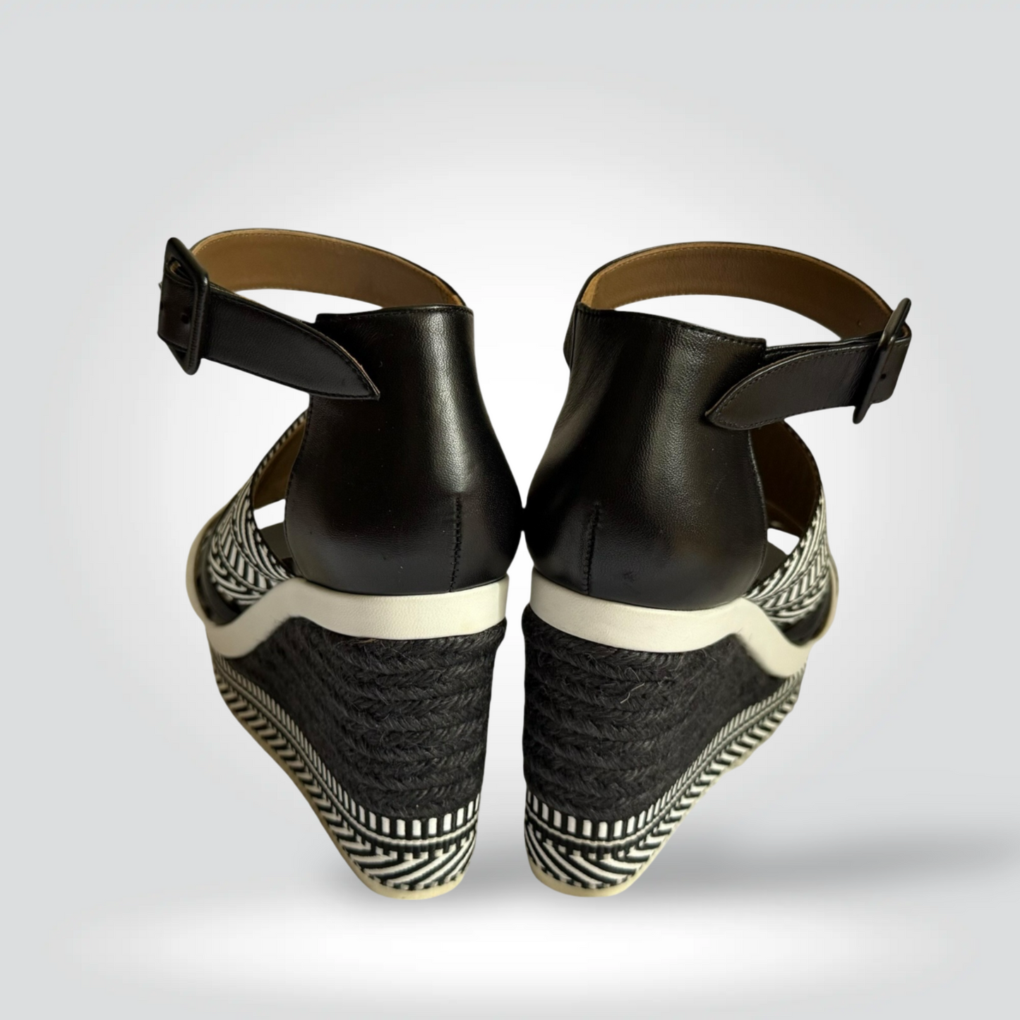 Pre-Owned Hermès Rome Black White Woven Chevron Stripe Wedge Espadrille Sandal Ankle Strap 3" — Size — Excellent| Style Reissue Vancouver
