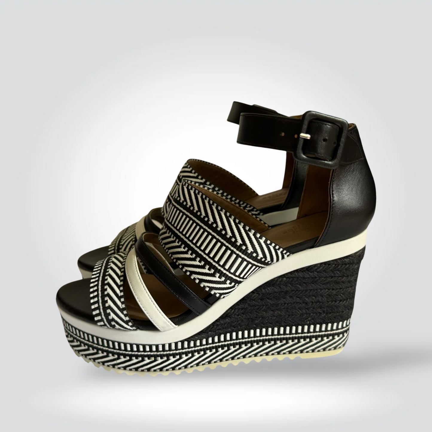 Pre-Owned Hermès Rome black white woven chevron stripe wedge espadrille sandal ankle strap 3 inch — Style Reissue Vancouver