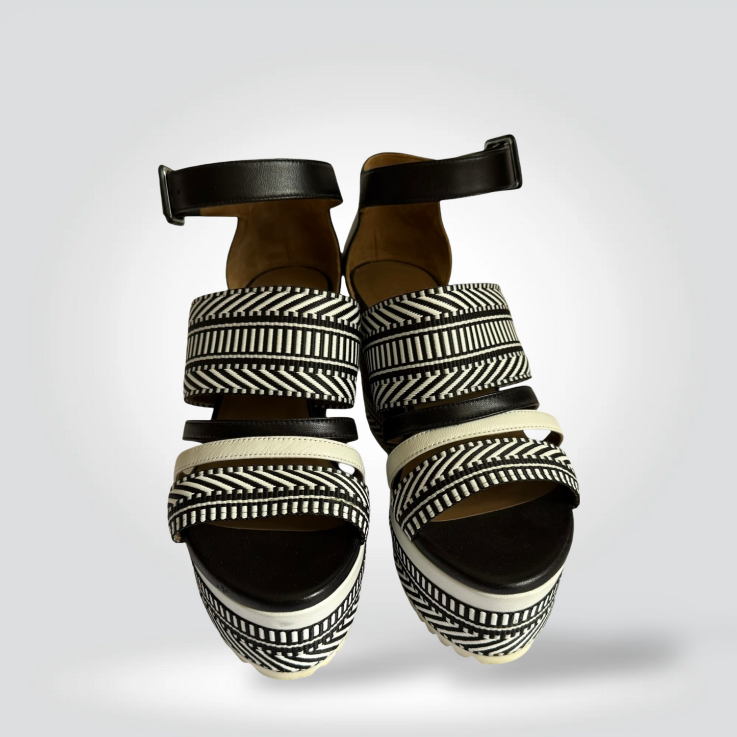 Pre-Owned Hermès Rome Black White Woven Chevron Stripe Wedge Espadrille Sandal Ankle Strap 3" — Size — Excellent| Style Reissue Vancouver