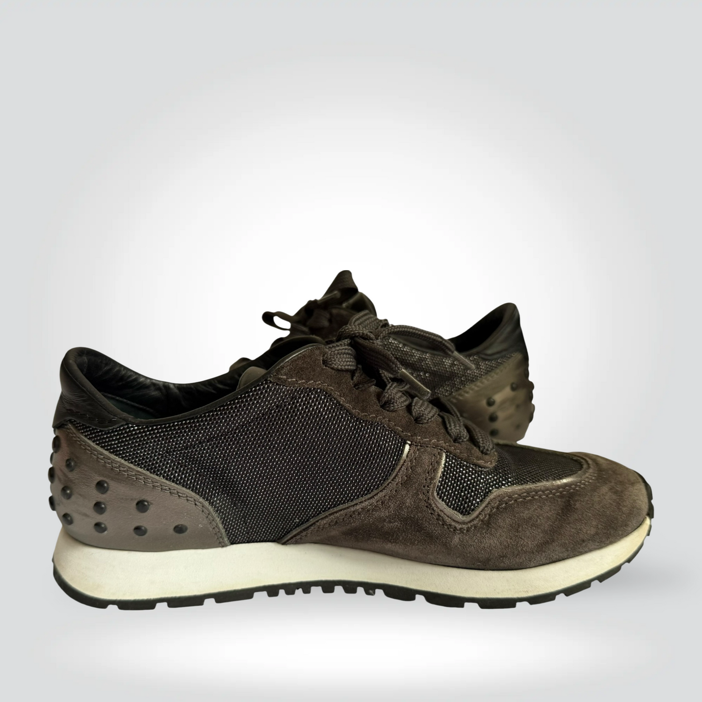 
Pre-Owned Tod's grey suede mesh lace-up sneaker Gommino rubber stud sole — Style Reissue Vancouver