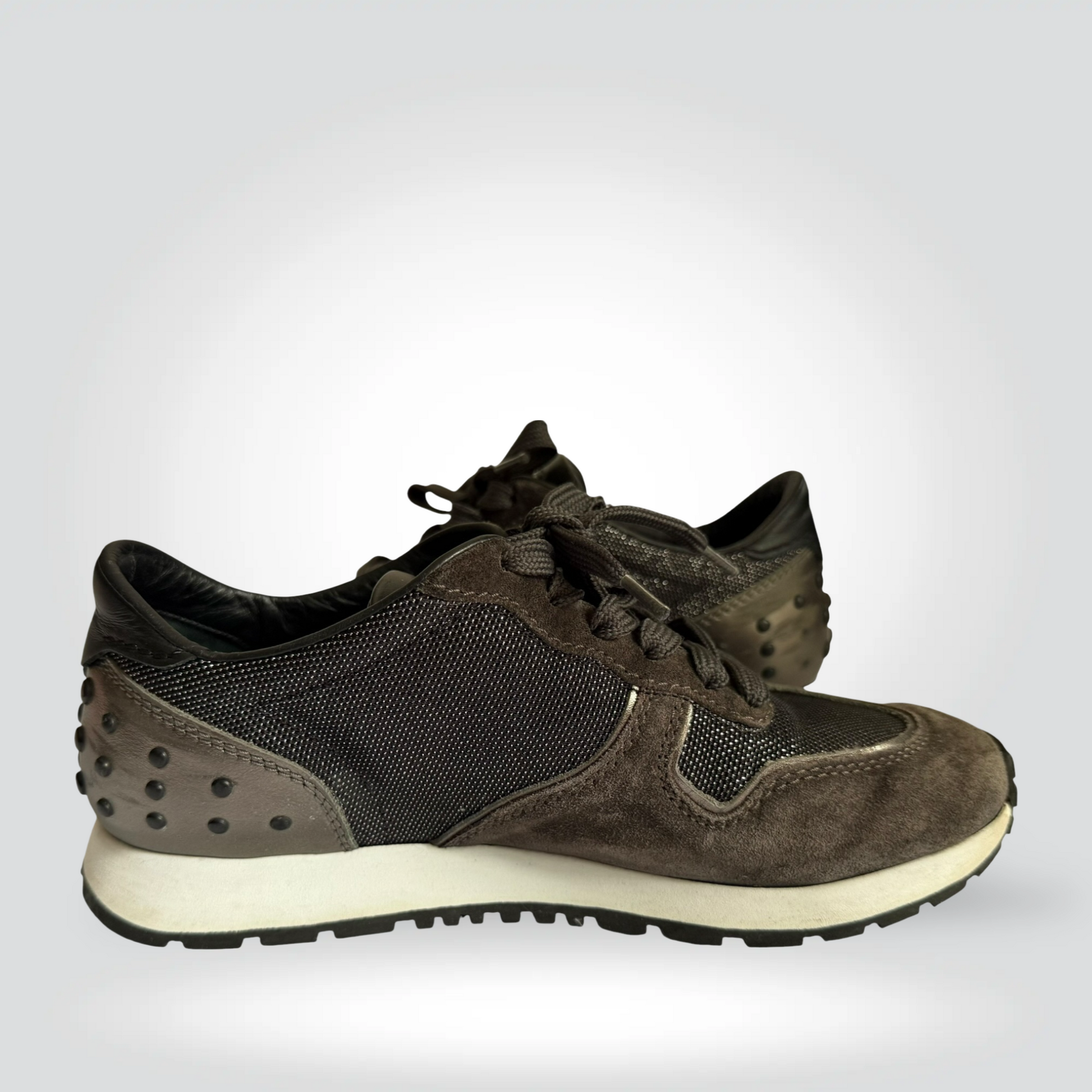 
Pre-Owned Tod's grey suede mesh lace-up sneaker Gommino rubber stud sole — Style Reissue Vancouver