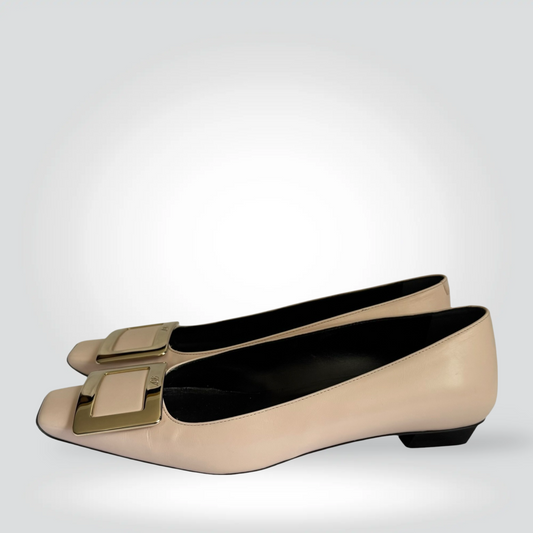 Pre-Owned Roger Vivier Belle Vivier blush baby pink leather square toe flat gold square buckle — Style Reissue Vancouver