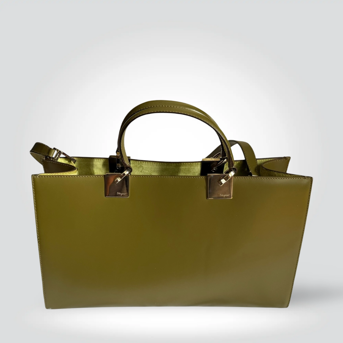 Pre-Owned Salvatore Ferragamo Olive Green Leather Top Handle Tote Crossbody Bag Silver Hardware — Pristine | Style Reissue Vancouver