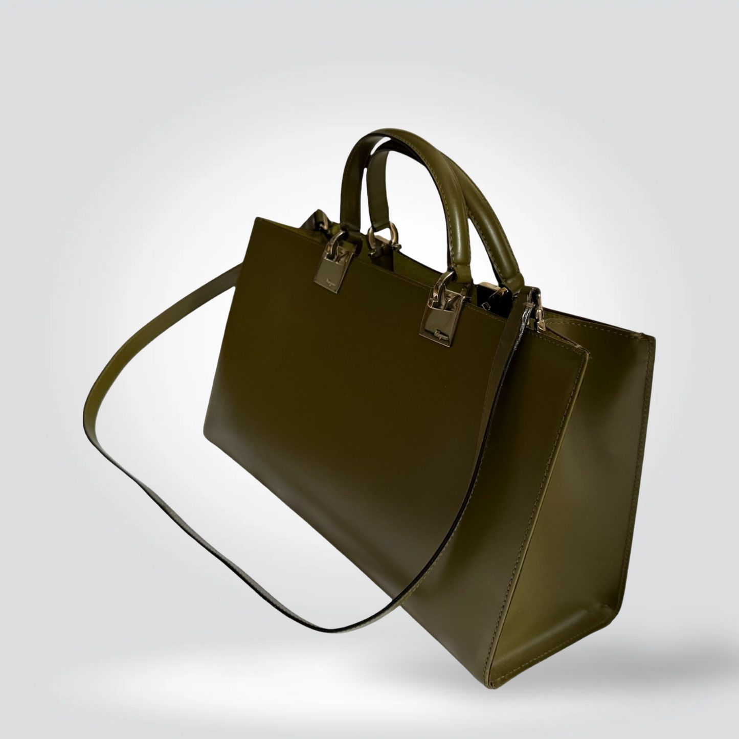 Pre-Owned Salvatore Ferragamo Olive Green Leather Top Handle Tote Crossbody Bag Silver Hardware — Pristine | Style Reissue Vancouver