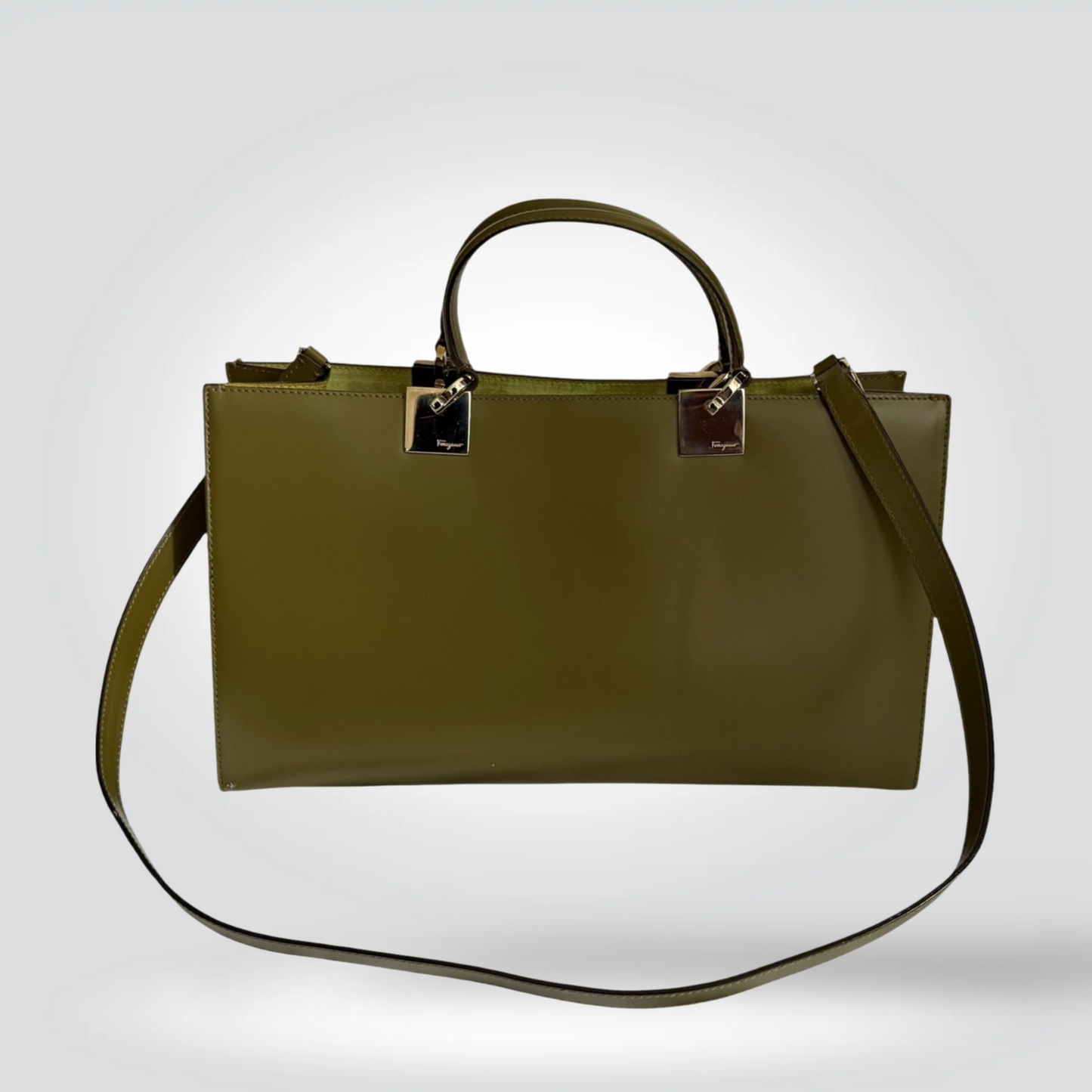 Pre-Owned Salvatore Ferragamo olive green leather top handle tote crossbody bag silver hardware — Style Reissue Vancouver