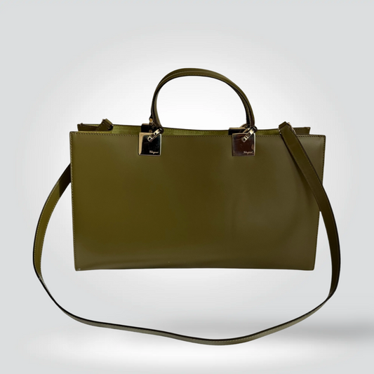 Pre-Owned Salvatore Ferragamo olive green leather top handle tote crossbody bag silver hardware — Style Reissue Vancouver