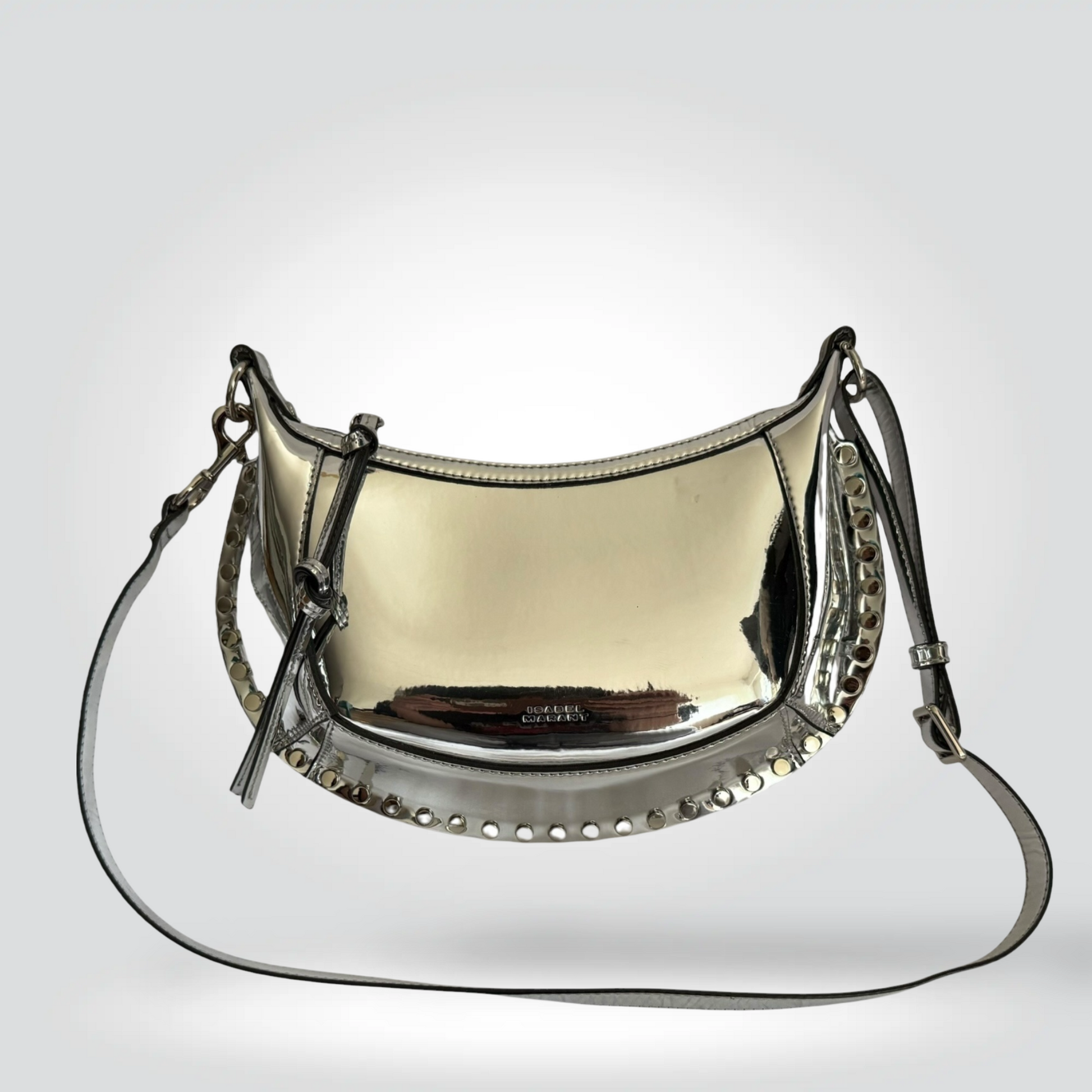 Pre-Owned Isabel Marant Oskan Moon silver mirror metallic studded crossbody shoulder bag — Style Reissue Vancouver