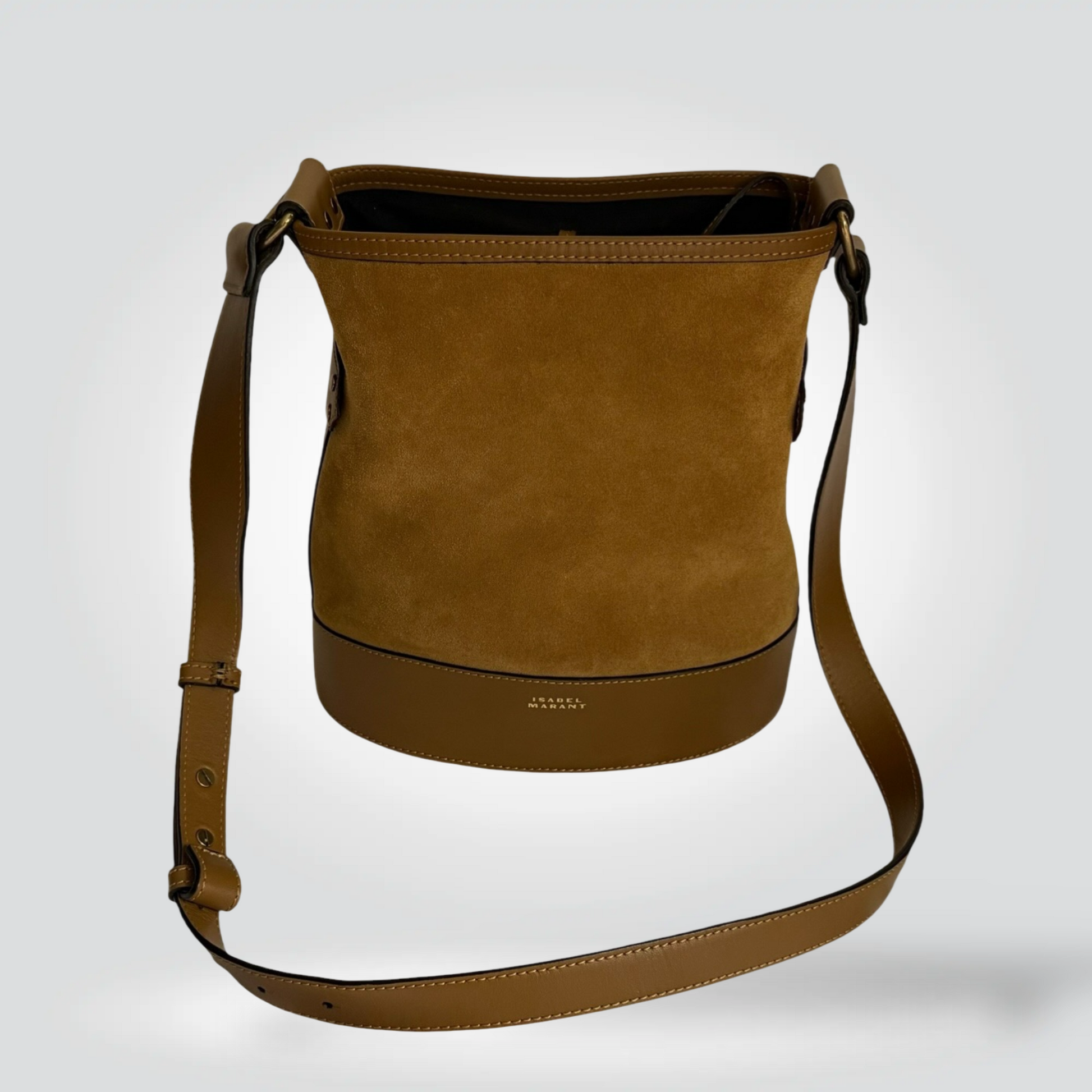 Pre-Owned Isabel Marant tan camel suede leather bucket crossbody bag gold hardware — Style Reissue Vancouver