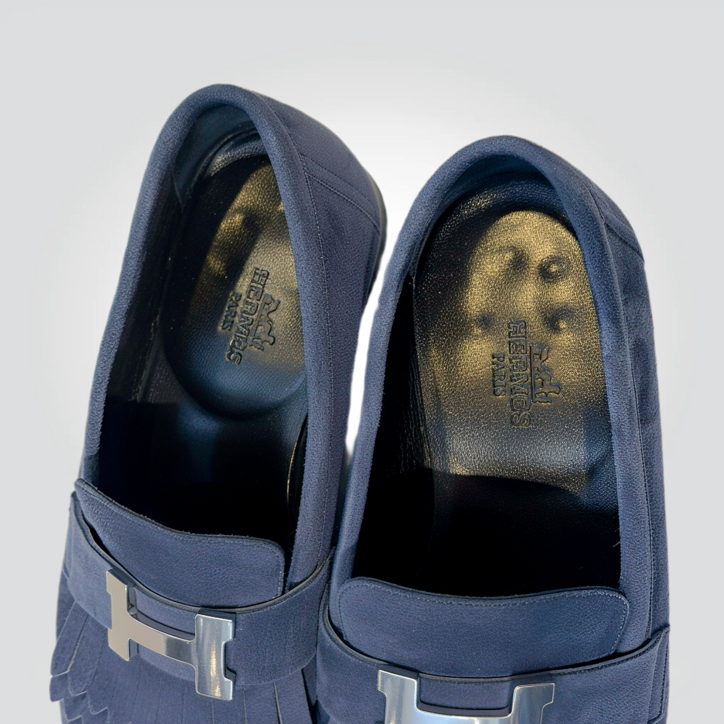 Pre-Owned Hermès Royal Navy Blue Suede Kiltie Fringe Loafer Silver H Buckle Low Heel — Size 35.5 — Very Good | Style Reissue Vancouver