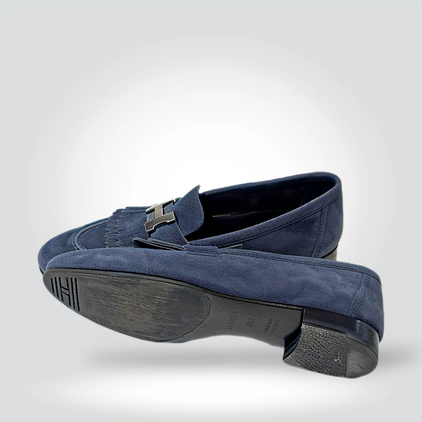 Pre-Owned Hermès Royal Navy Blue Suede Kiltie Fringe Loafer Silver H Buckle Low Heel — Size 35.5 — Very Good | Style Reissue Vancouver