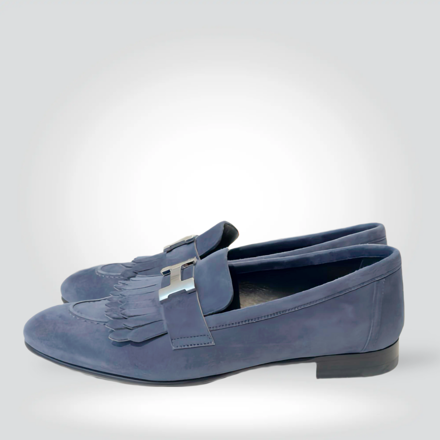 Pre-Owned Hermès Royal Navy Blue Suede Kiltie Fringe Loafer Silver H Buckle Low Heel — Size 35.5 — Very Good | Style Reissue Vancouver