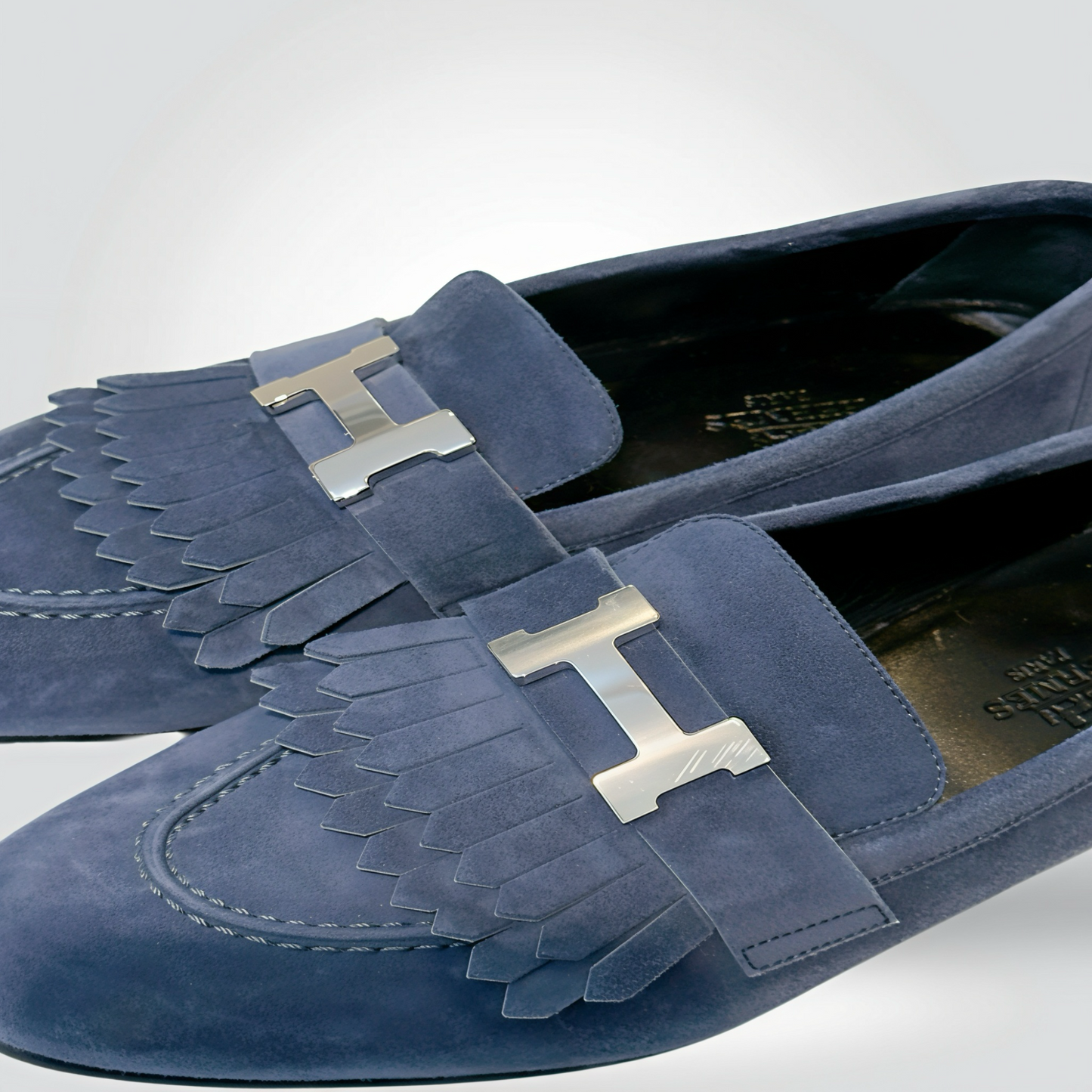 Pre-Owned Hermès Royal Navy Blue Suede Kiltie Fringe Loafer Silver H Buckle Low Heel — Size 35.5 — Very Good | Style Reissue Vancouver