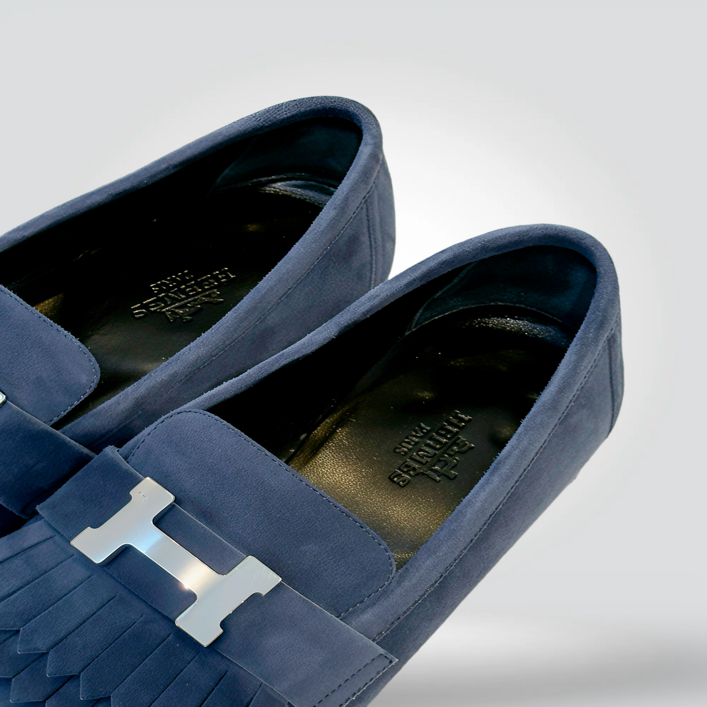 Pre-Owned Hermès Royal Navy Blue Suede Kiltie Fringe Loafer Silver H Buckle Low Heel — Size 35.5 — Very Good | Style Reissue Vancouver