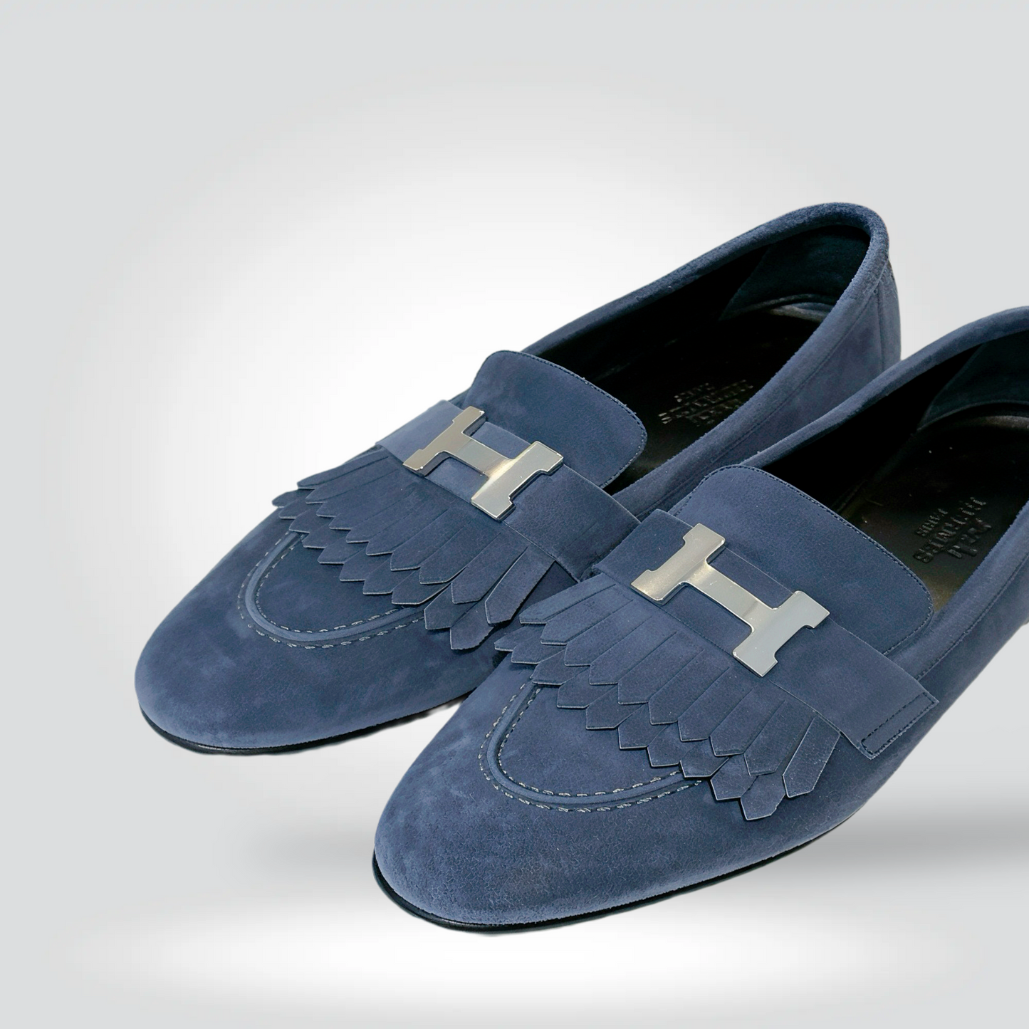 Pre-Owned Hermès Royal Navy Blue Suede Kiltie Fringe Loafer Silver H Buckle Low Heel — Size 35.5 — Very Good | Style Reissue Vancouver