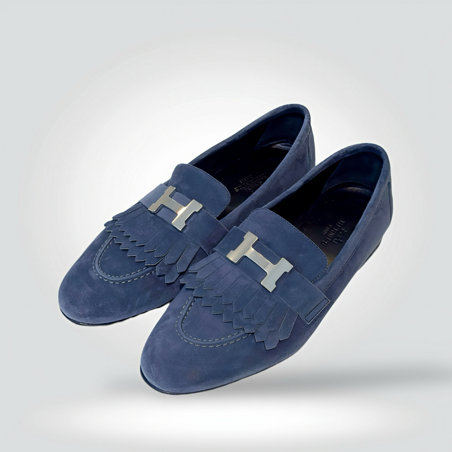 Pre-Owned Hermès Royal navy blue suede kiltie fringe loafer silver H buckle low heel — Style Reissue Vancouver