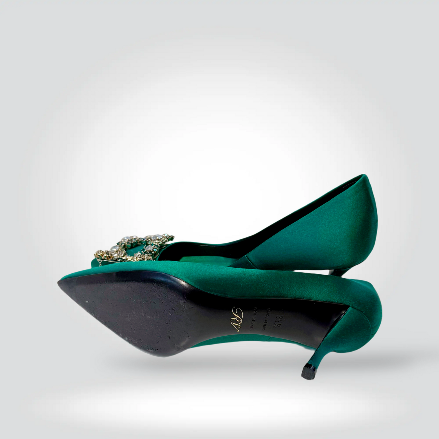 Pre-Owned Roger Vivier Belle Vivier Emerald Green Satin Crystal Buckle Pointed Toe Pump 2" Heel — Size 35.5 — Very Good | Style Reissue Vancouver