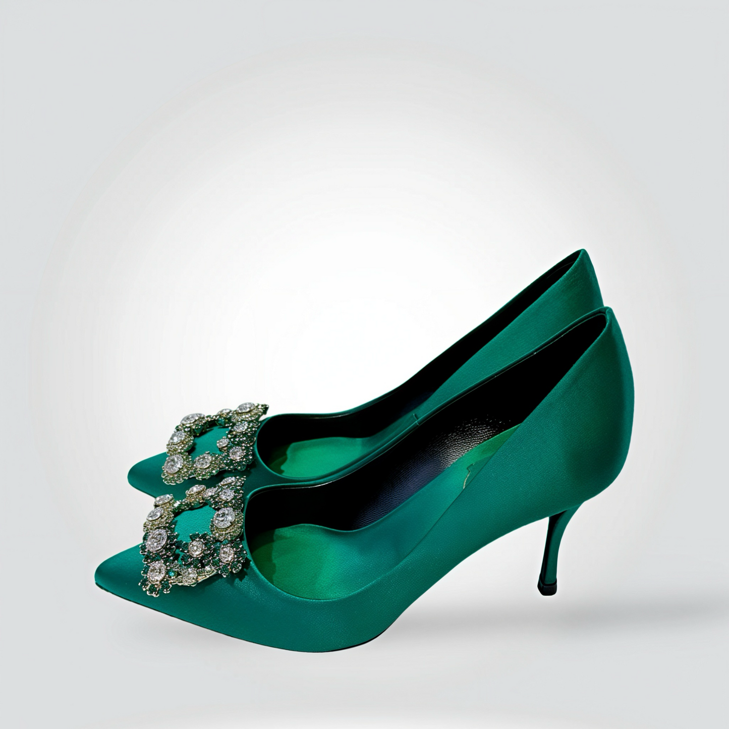 Pre-Owned Roger Vivier Belle Vivier Emerald Green Satin Crystal Buckle Pointed Toe Pump 2" Heel — Size 35.5 — Very Good | Style Reissue Vancouver