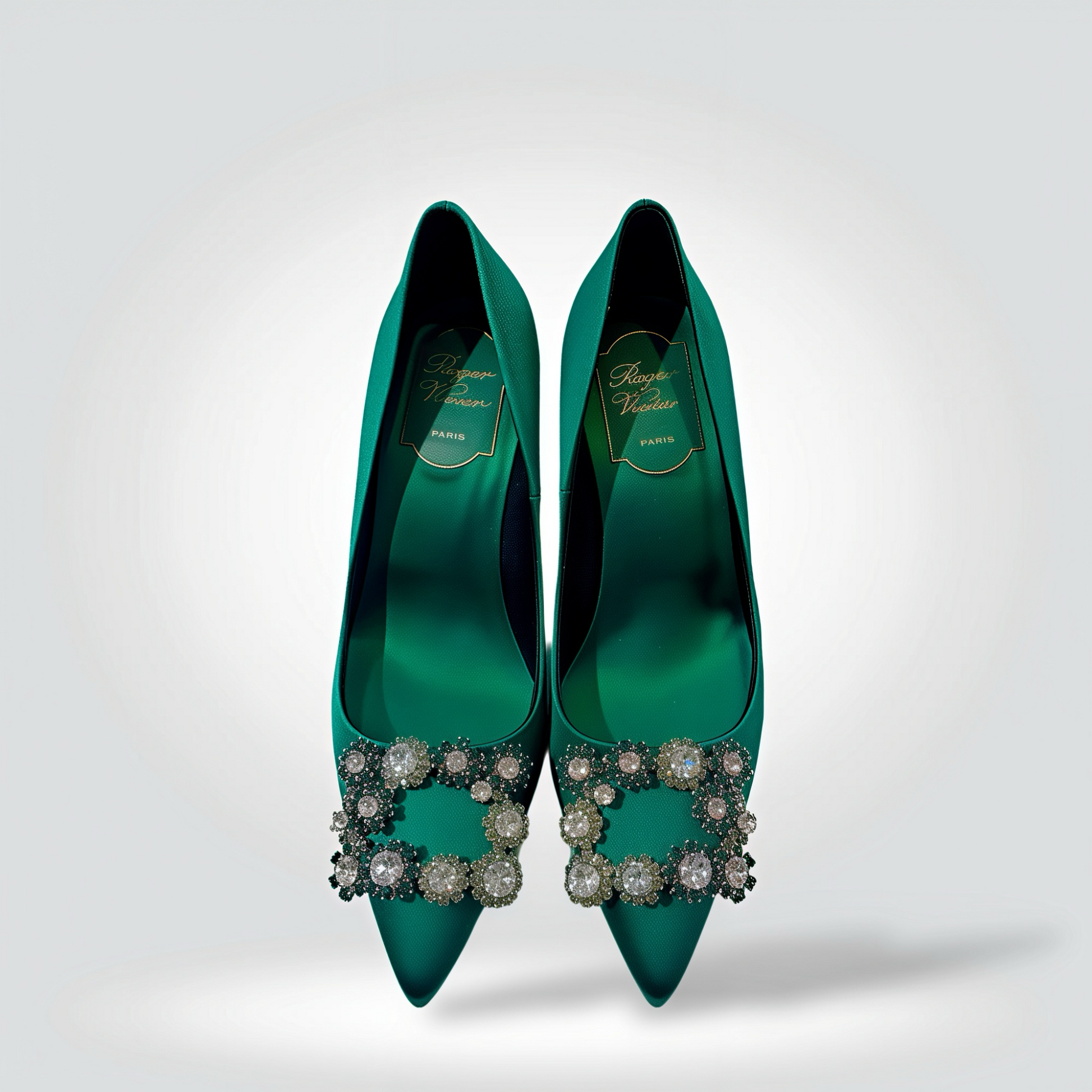 Pre-Owned Roger Vivier Belle Vivier emerald green satin crystal buckle pointed toe pump 2 inch heel — Style Reissue Vancouver