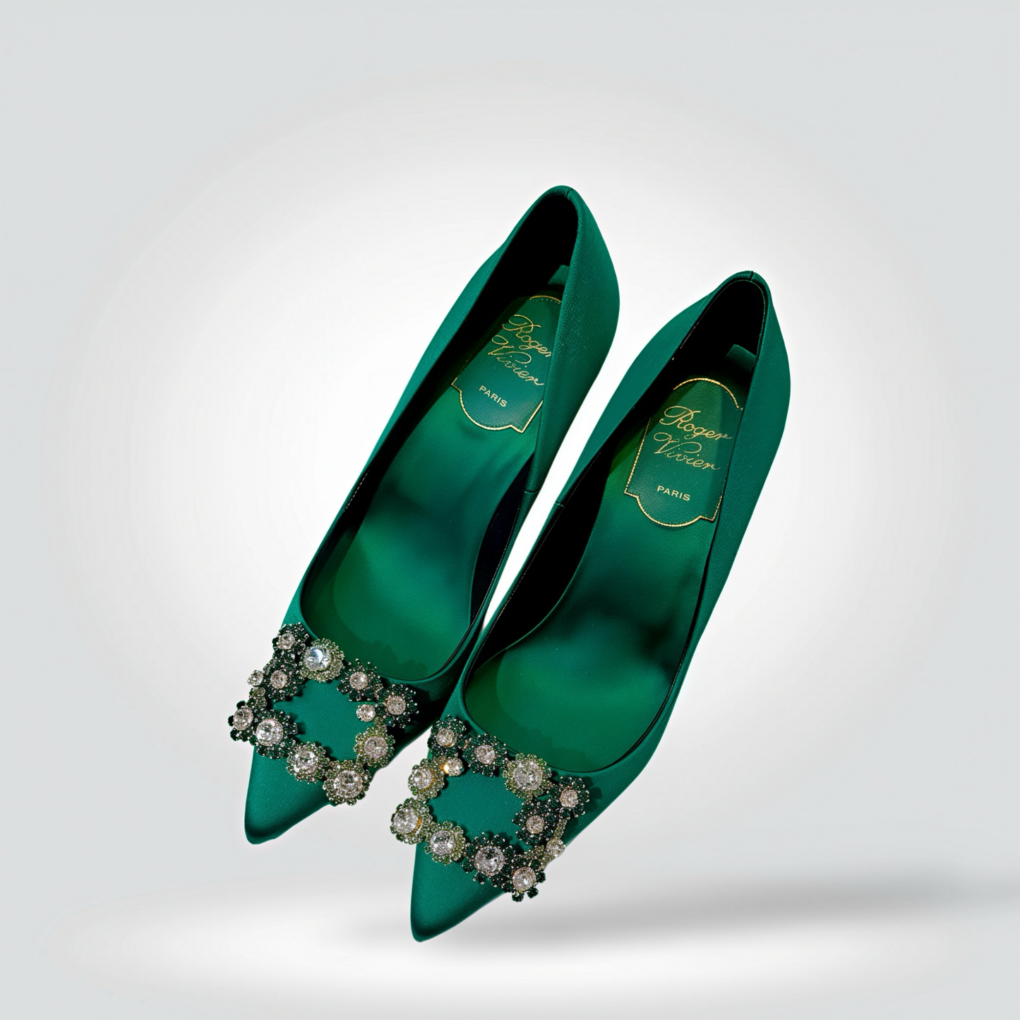 Pre-Owned Roger Vivier Belle Vivier Emerald Green Satin Crystal Buckle Pointed Toe Pump 2" Heel — Size 35.5 — Very Good | Style Reissue Vancouver