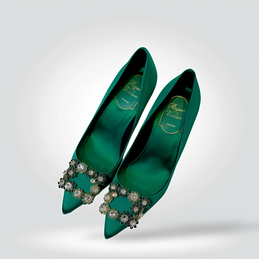 Pre-Owned Roger Vivier Belle Vivier Emerald Green Satin Crystal Buckle Pointed Toe Pump 2" Heel — Size 35.5 — Very Good | Style Reissue Vancouver