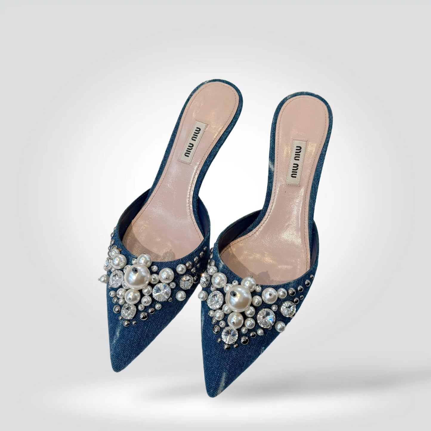 Pre-Owned Miu Miu Denim Pointed Toe Kitten Heel Mule Pearl Crystal Cluster Embellishment 2" Heel — Size 38.5 —  Good | Style Reissue Vancouver