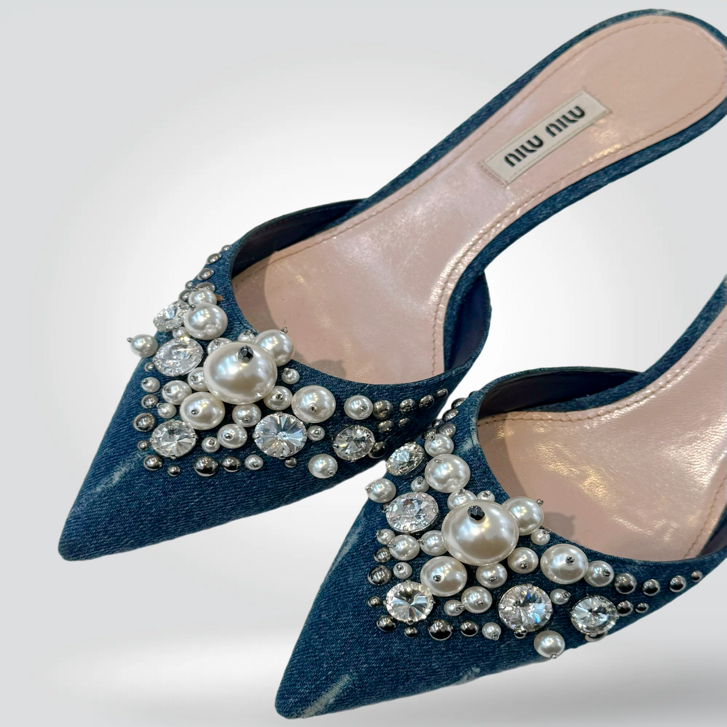 Pre-Owned Miu Miu Denim Pointed Toe Kitten Heel Mule Pearl Crystal Cluster Embellishment 2" Heel — Size 38.5 —  Good | Style Reissue Vancouver