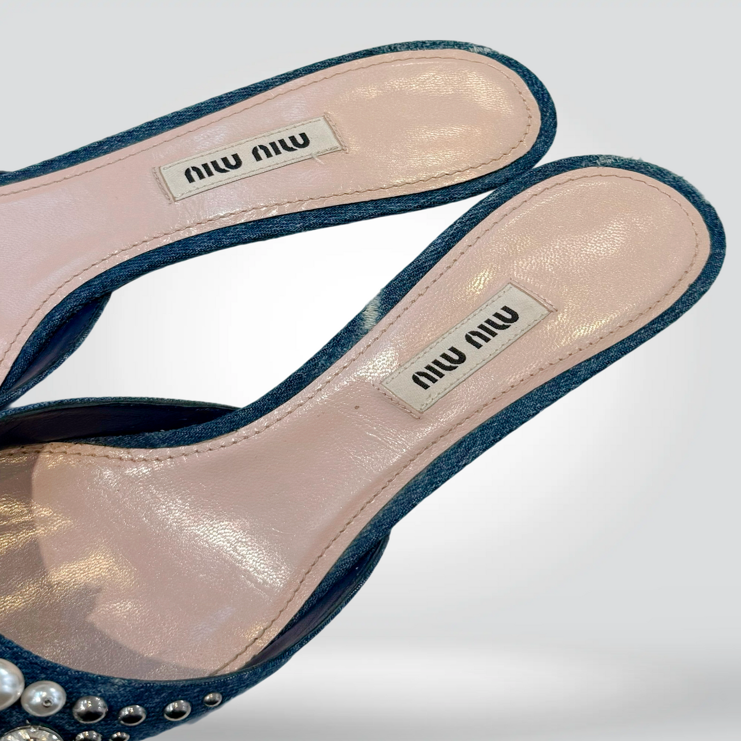 Pre-Owned Miu Miu Denim Pointed Toe Kitten Heel Mule Pearl Crystal Cluster Embellishment 2" Heel — Size 38.5 —  Good | Style Reissue Vancouver