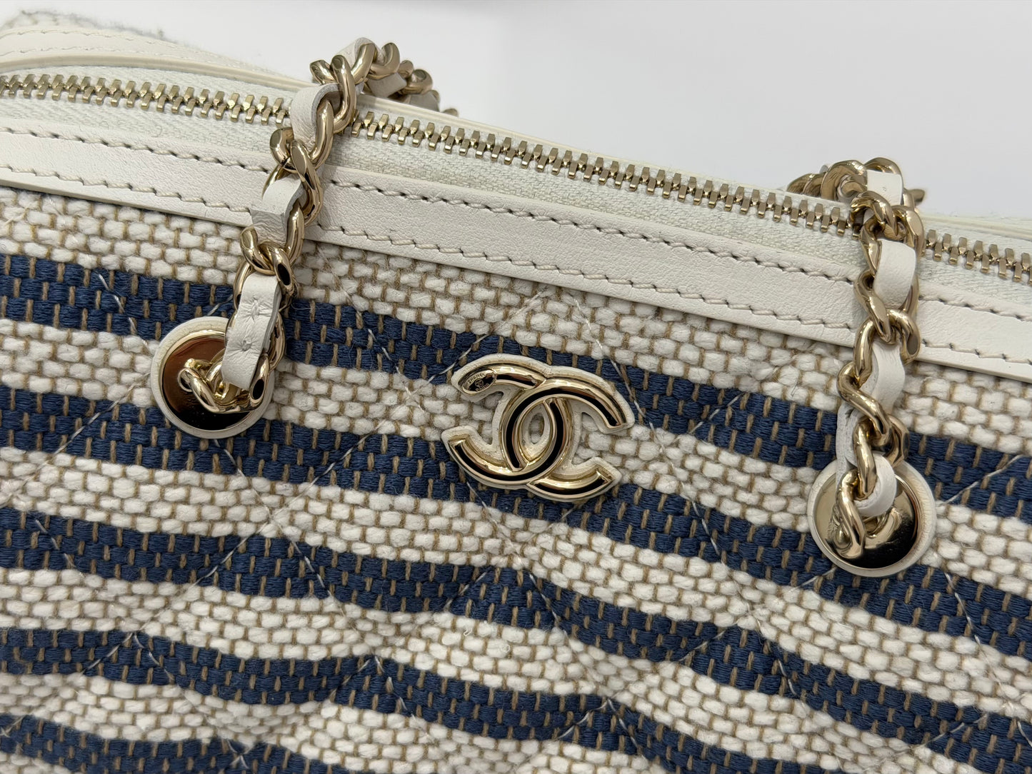 Pre-Owned Chanel Mini Timeless Classic Barrel Bag Blue Beige Stripe Light Gold Hardware — Pristine | Style Reissue Vancouver