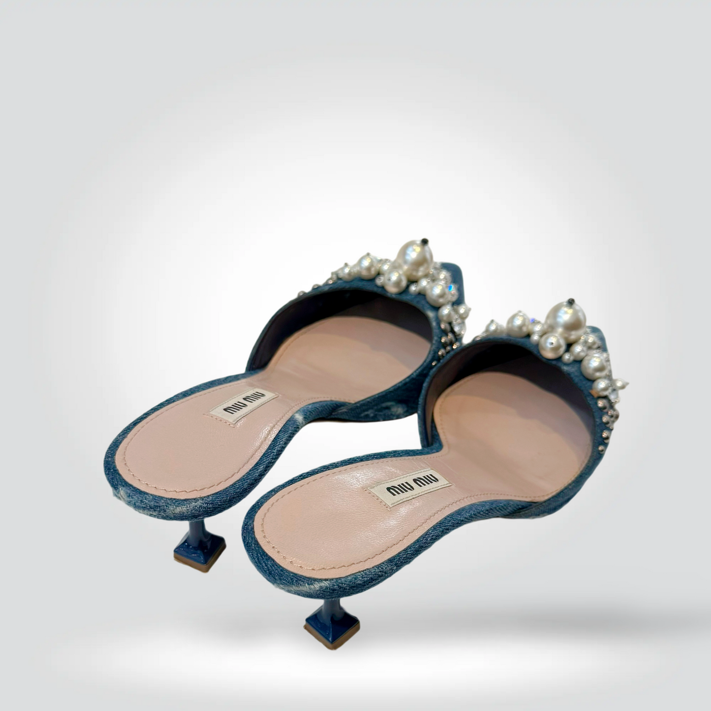 Pre-Owned Miu Miu Denim Pointed Toe Kitten Heel Mule Pearl Crystal Cluster Embellishment 2" Heel — Size 38.5 —  Good | Style Reissue Vancouver