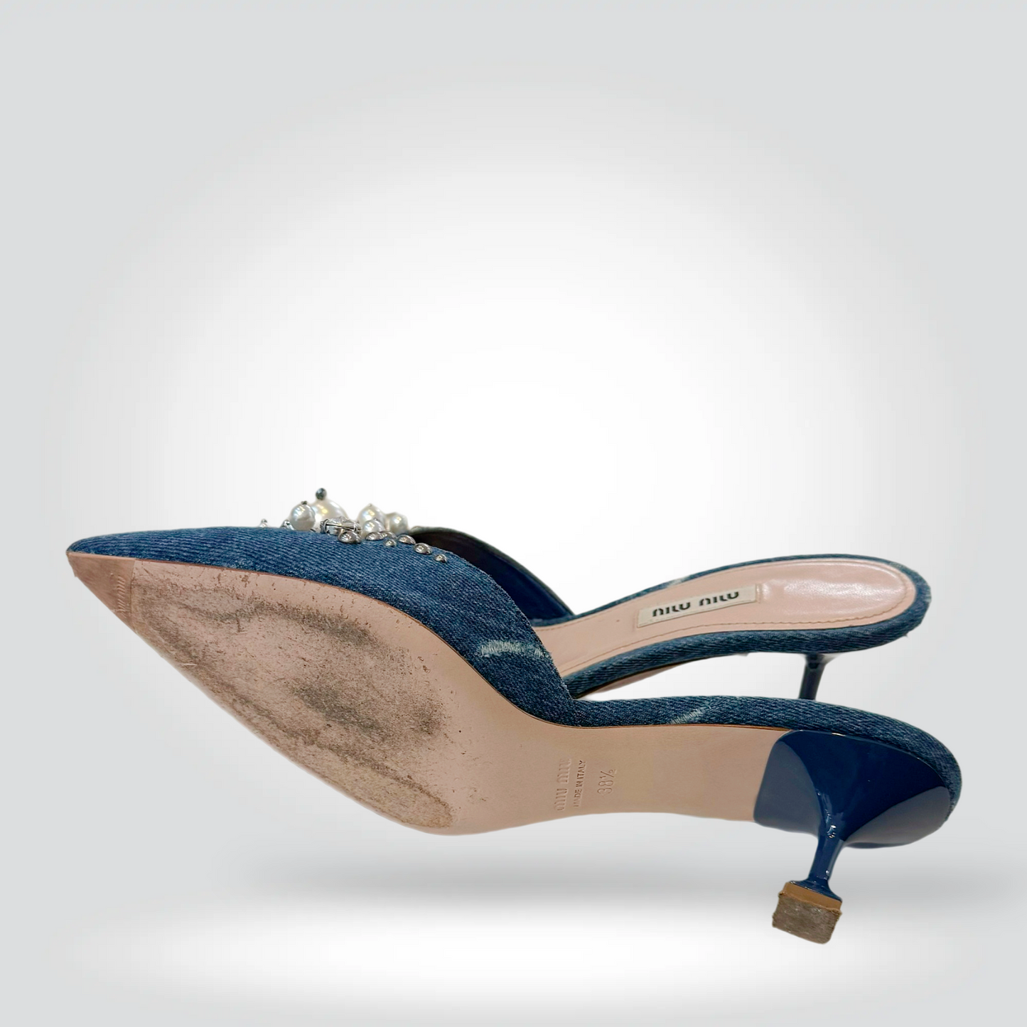 Pre-Owned Miu Miu Denim Pointed Toe Kitten Heel Mule Pearl Crystal Cluster Embellishment 2" Heel — Size 38.5 —  Good | Style Reissue Vancouver