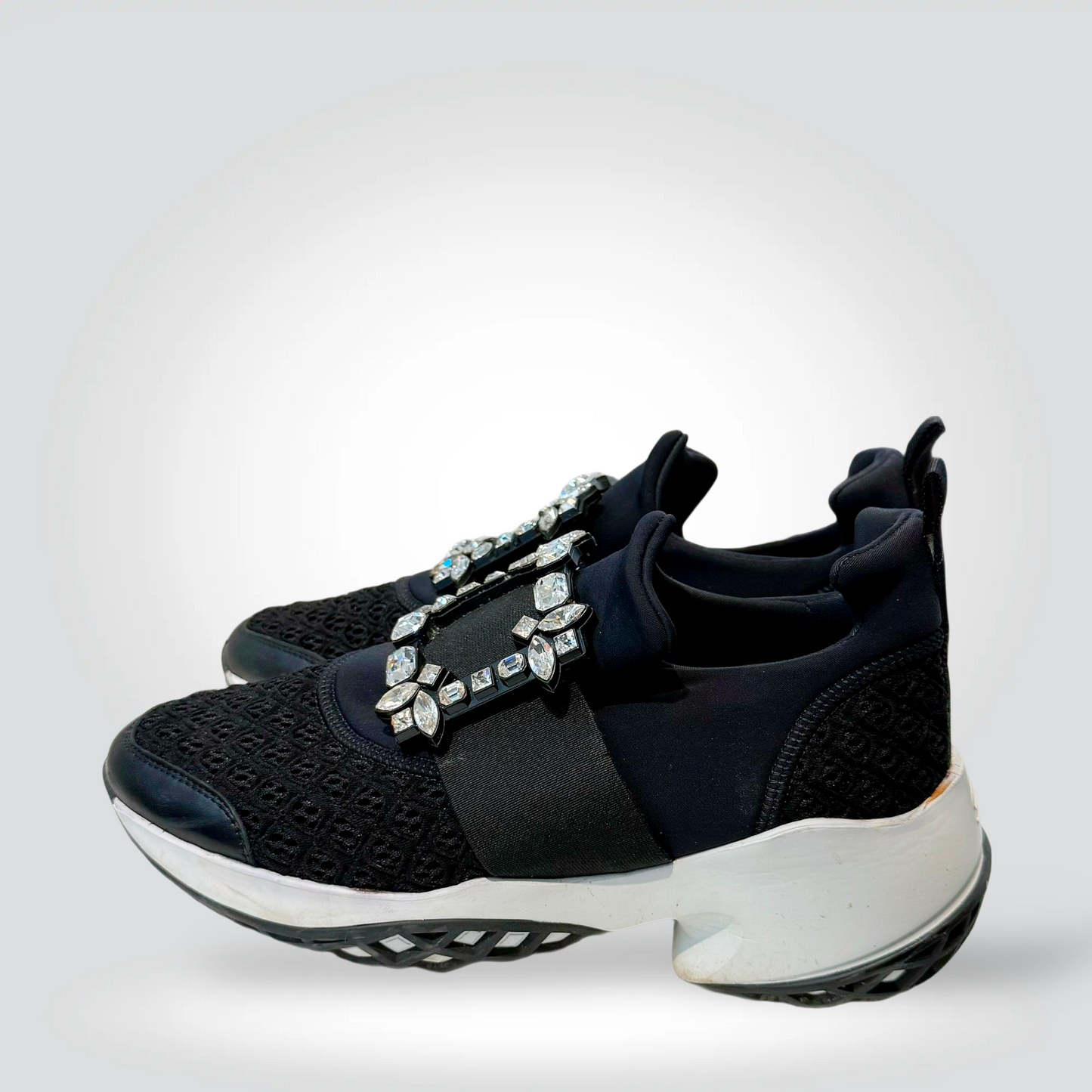 Pre-Owned Roger Vivier Viv Run black fabric mesh crystal buckle sneaker elevated platform sole — Style Reissue Vancouver