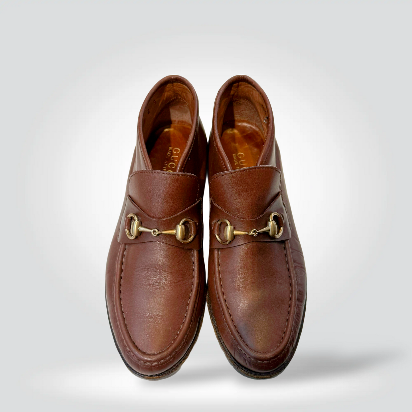 Pre-Owned Gucci Horsebit Brown Leather Ankle Boot Gold Hardware Lug Sole Low Heel — Size 39 — Good | Style Reissue Vancouver