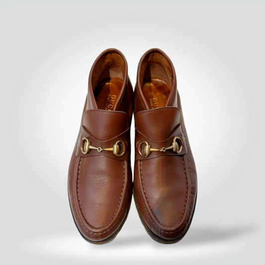Pre-Owned Gucci Horsebit Brown Leather Ankle Boot Gold Hardware Lug Sole Low Heel — Size 39 — Good | Style Reissue Vancouver