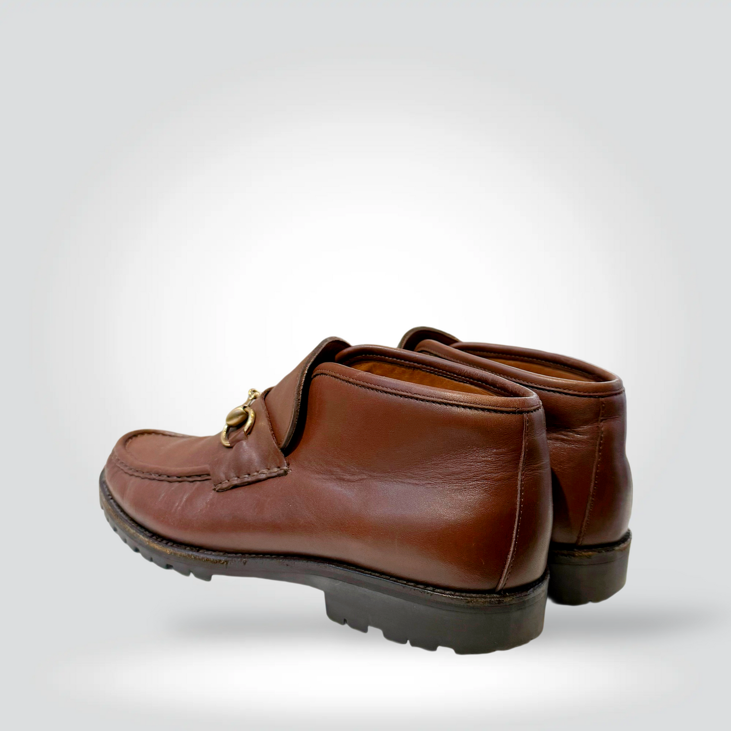 Pre-Owned Gucci Horsebit Brown Leather Ankle Boot Gold Hardware Lug Sole Low Heel — Size 39 — Good | Style Reissue Vancouver