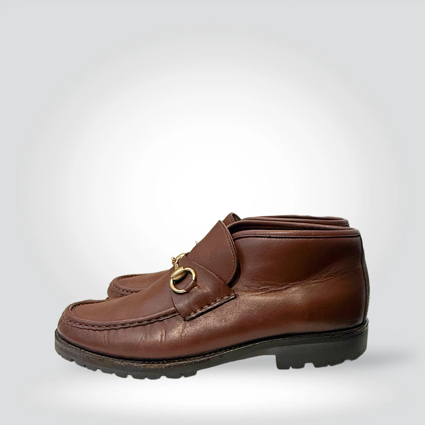 Pre-Owned Gucci Horsebit brown leather ankle boot gold hardware lug sole low heel — Style Reissue Vancouver