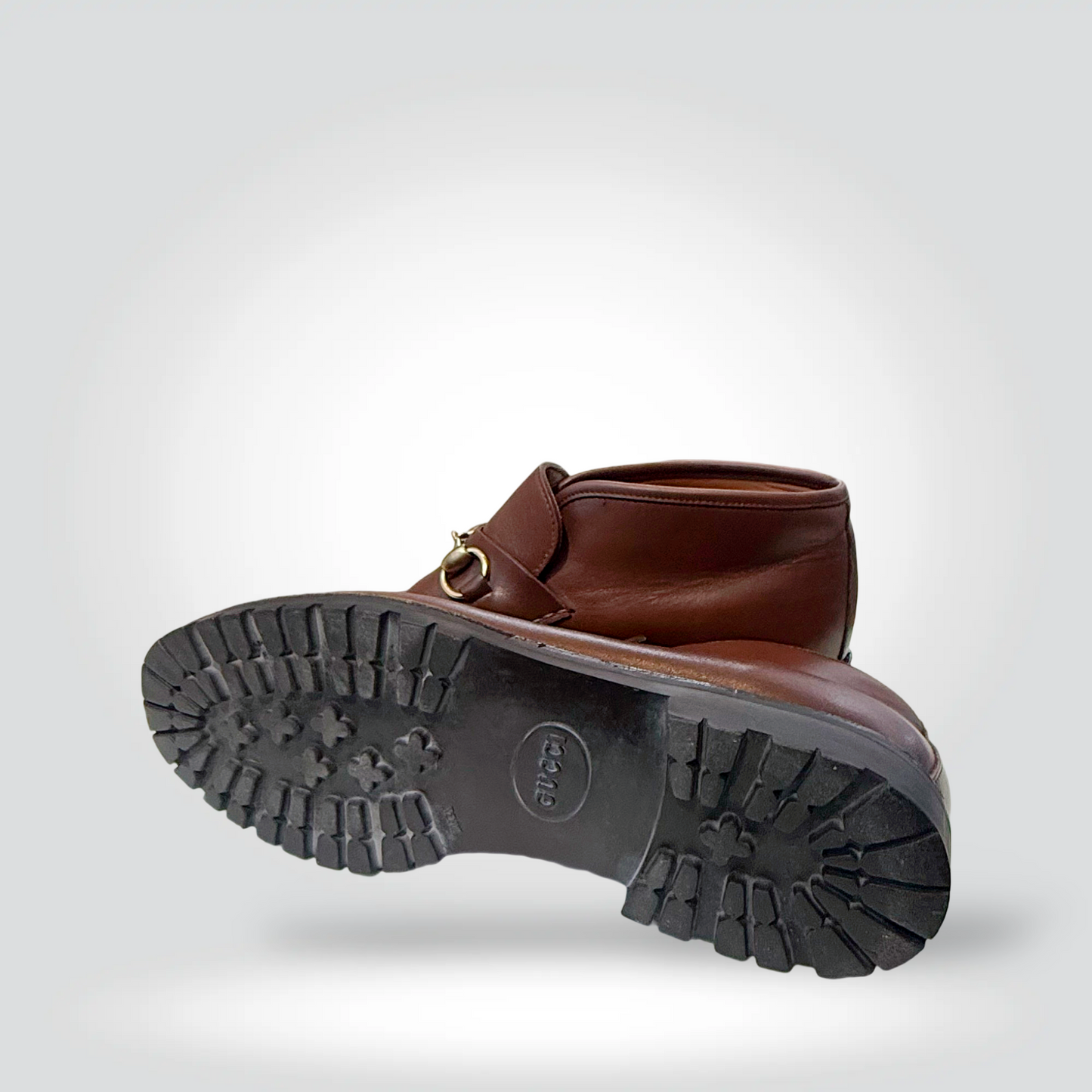 Pre-Owned Gucci Horsebit Brown Leather Ankle Boot Gold Hardware Lug Sole Low Heel — Size 39 — Good | Style Reissue Vancouver