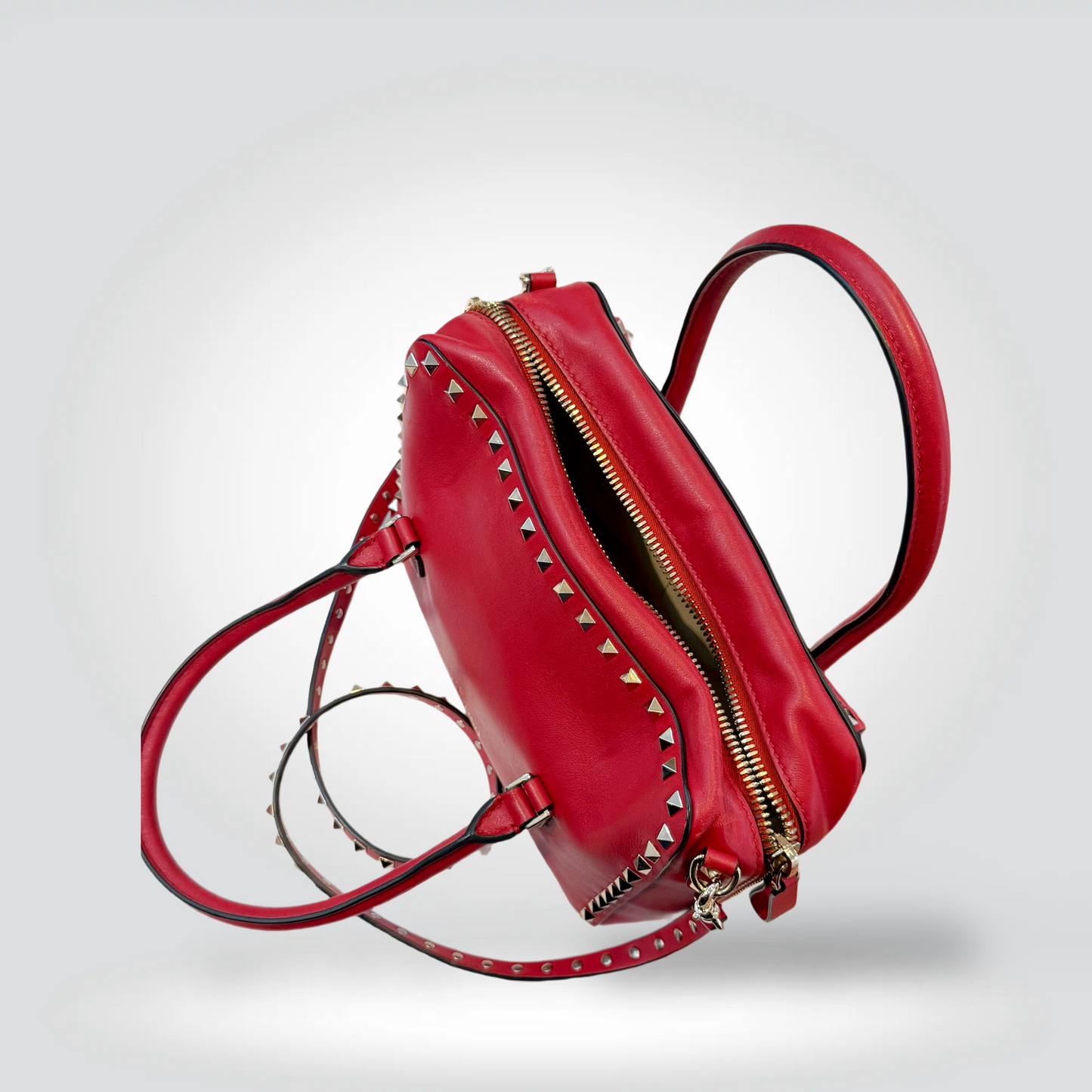 Pre-Owned Valentino Rockstud Red Leather Boston Top Handle Crossbody Bag Gold Hardware — Very Good | Style Reissue Vancouver