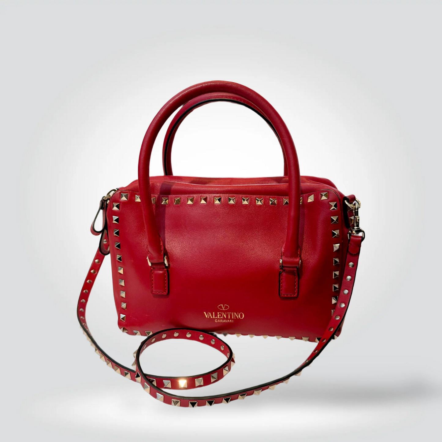 Pre-Owned Valentino Rockstud Red Leather Boston Top Handle Crossbody Bag Gold Hardware — Very Good | Style Reissue Vancouver