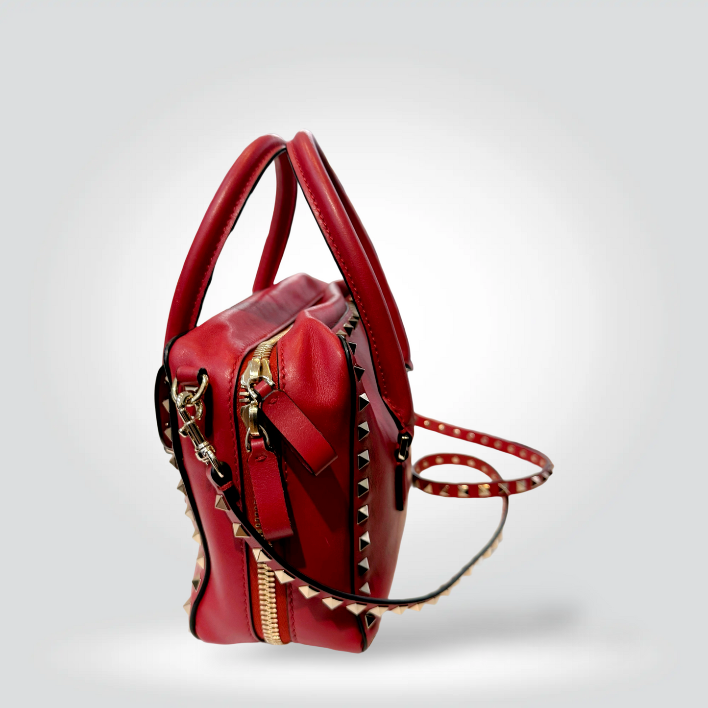 Pre-Owned Valentino Rockstud Red Leather Boston Top Handle Crossbody Bag Gold Hardware — Very Good | Style Reissue Vancouver
