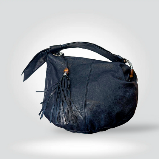 Pre-Owned Gucci black pebbled leather bamboo tassel hobo shoulder bag — Style Reissue Vancouver