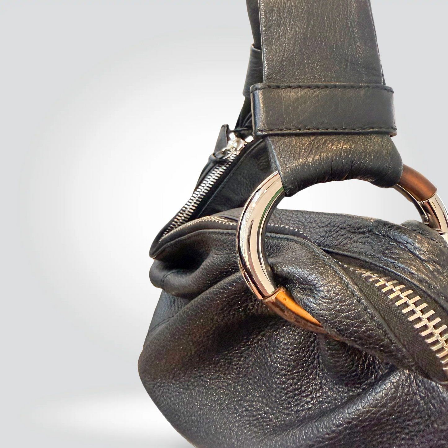 re-Owned Pre owned Gucci Black Pebbled Leather Bamboo Tassel Hobo Shoulder Bag — Very Good Style Reissue
