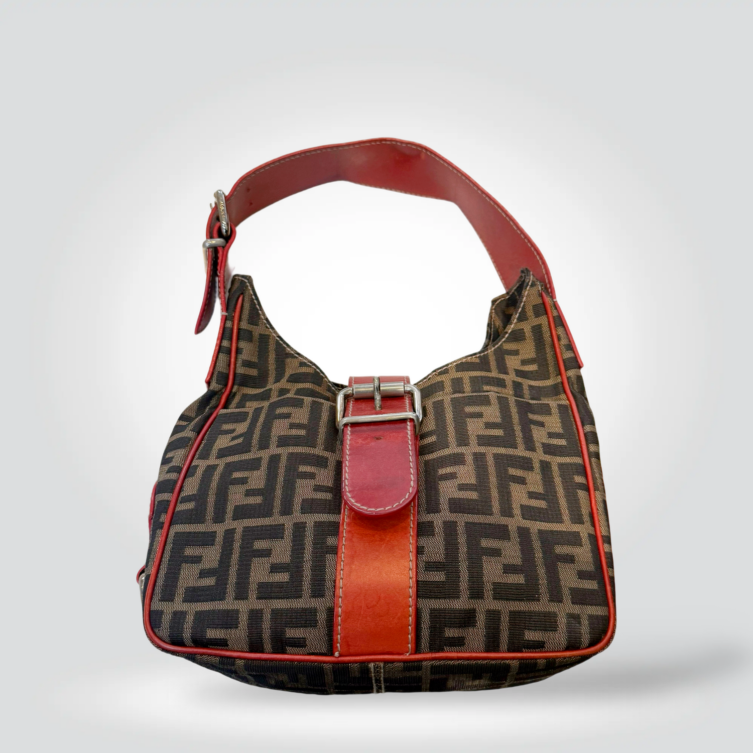 Pre-Owned Fendi Zucca FF canvas red leather trim hobo shoulder bag silver buckle — Style Reissue Vancouver