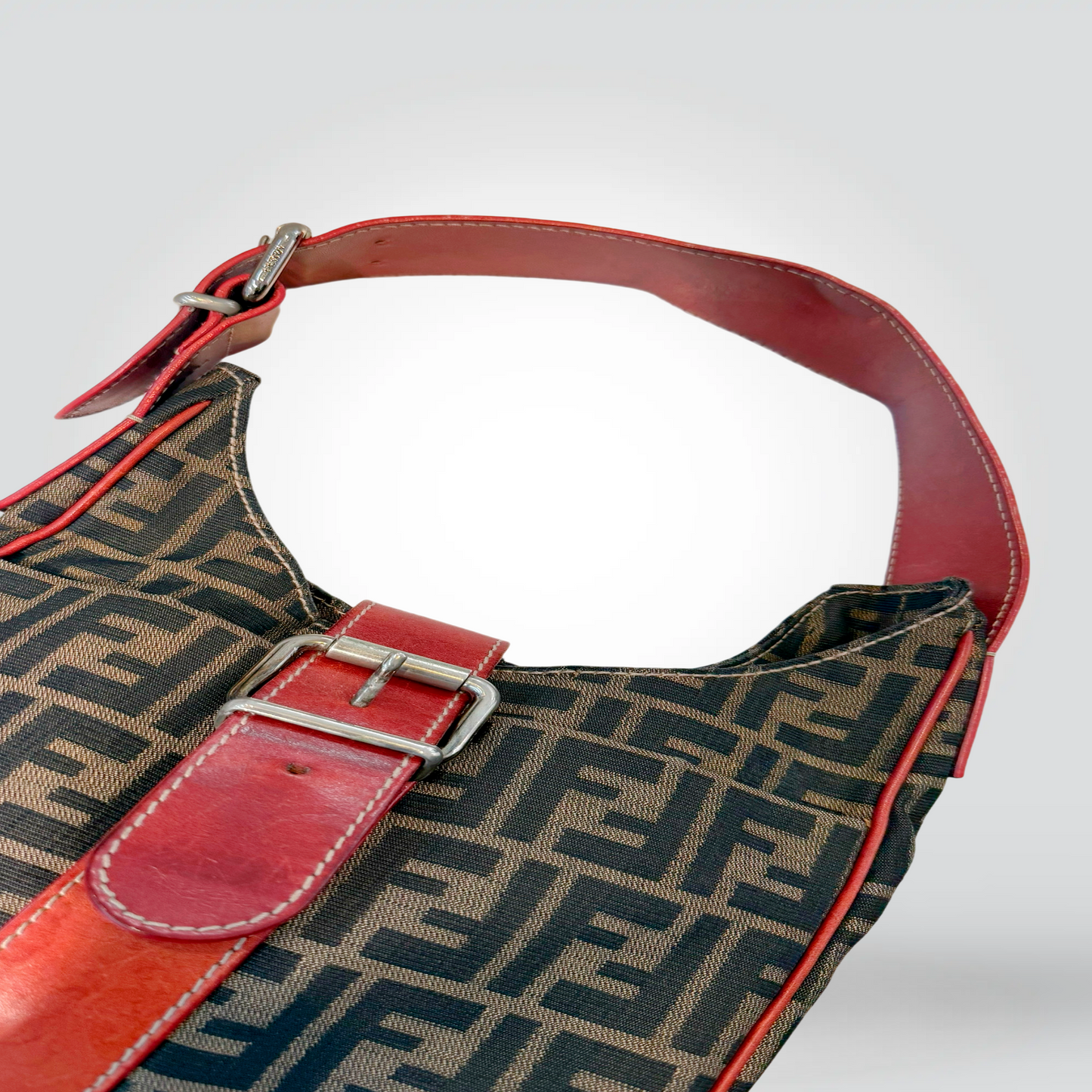 Pre-Owned Fendi Zucca FF Canvas Red Leather Trim Hobo Shoulder Bag Silver Buckle — Fair | Style Reissue Vancouver
